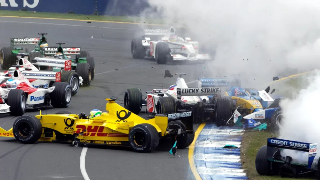 The domino effect created sent cars strewn all over the track