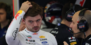 Max Verstappen (NLD) Red Bull Racing with Gianpiero Lambiase (ITA) Red Bull Racing Head of Race Engineering. 19.02.2026. Formula 1 Testing, Bahrain Test Two, Sakhir, Bahrain, Day Two.