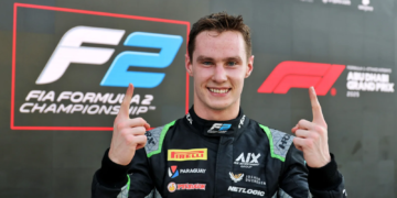 Race winner Joshua Durksen (PAR) AIX Racing celebrates in parc ferme. 07.12.2025. Formula 2 Championship, Rd 14, Yas Marina Circuit, Abu Dhabi, UAE, Feature Race, Sunday.