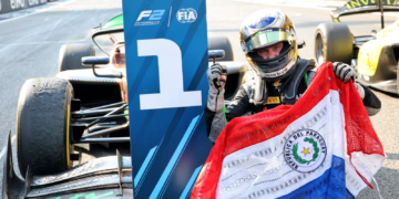 Race winner Joshua Durksen (PAR) AIX Racing celebrates in parc ferme. 07.12.2025. Formula 2 Championship, Rd 14, Yas Marina Circuit, Abu Dhabi, UAE, Feature Race, Sunday.