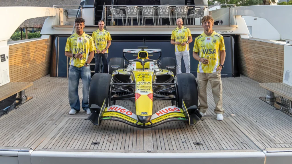 Racing Bulls drivers Liam Lawson and Arvid Lindblad with the teams summer livery for Miami GP 2026