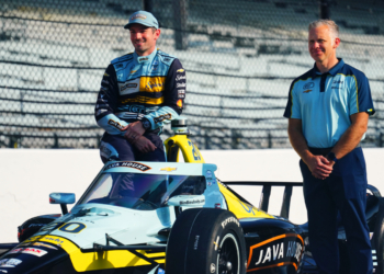 Alexander Rossi and ECR Ed Carpenter take photos after qualifying on the front row. Photo: Kevin Dejewski