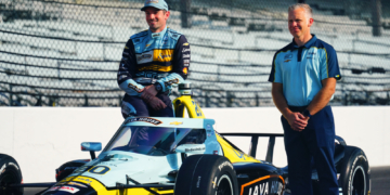 Alexander Rossi and ECR Ed Carpenter take photos after qualifying on the front row. Photo: Kevin Dejewski