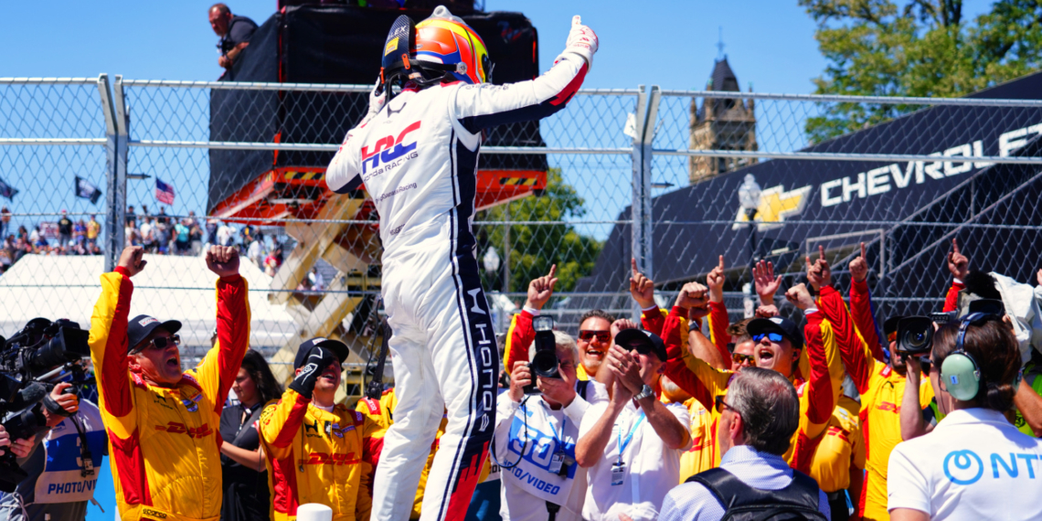 Palou celebrated with his crew after taking victory. Photo: Kevin Dejewski
