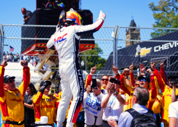 Palou celebrated with his crew after taking victory. Photo: Kevin Dejewski