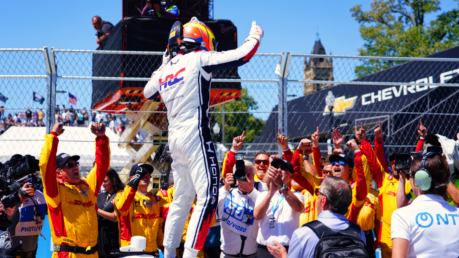 Palou celebrated with his crew after taking victory. Photo: Kevin Dejewski