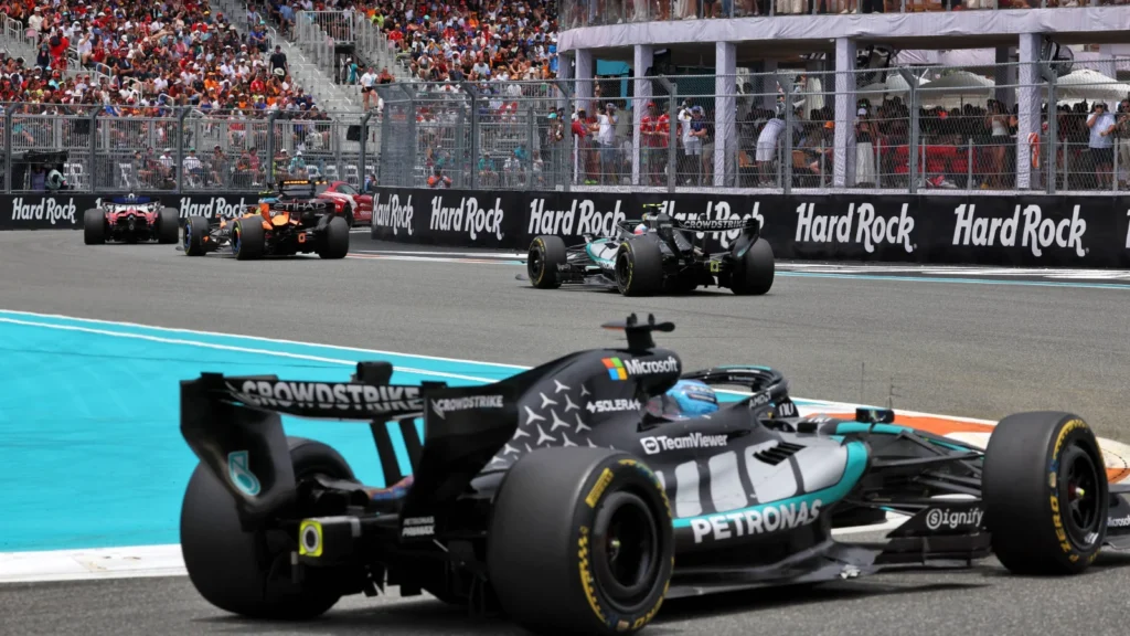 George Russell did not feature in the battle at the front of the grid in Miami 
