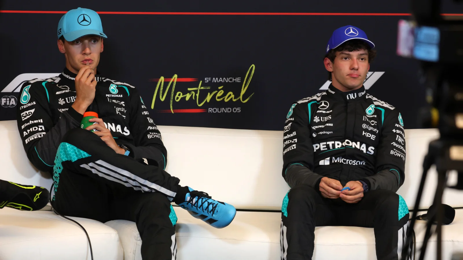 George Russell and Kimi Antonelli cut a tense atmosphere after their on-track antics in the F1 Canadian Sprint Race