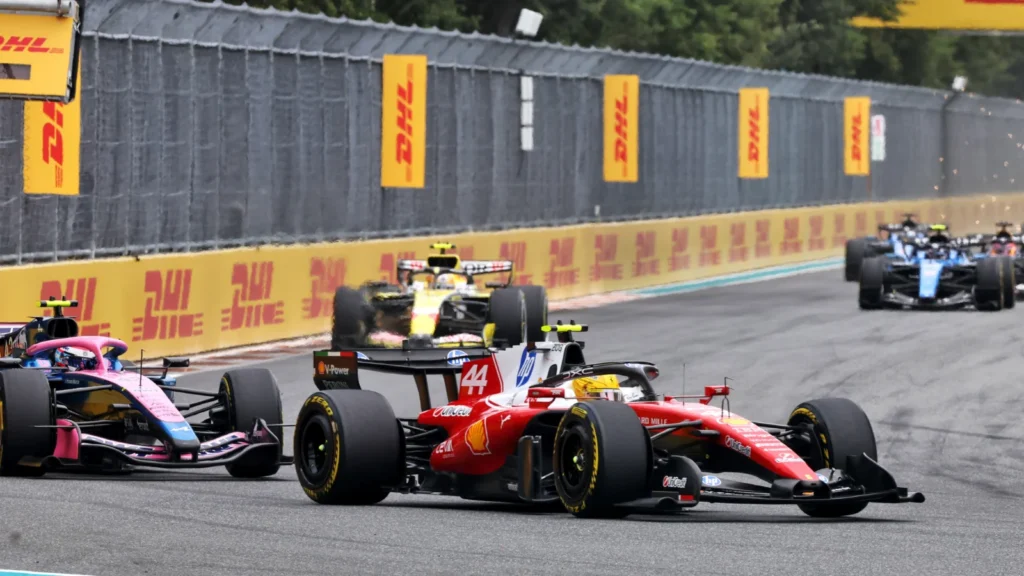 Lewis Hamilton and Franco Colapinto jostled for position early on in Miami