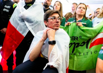 SMIECHOWSKI Jakub (pol), Inter Europol Competition, Oreca 07 Gibson #43, LMP2, portrait during the podium of the 24 Hours of Le Mans 2026, 3rd round of the 2026 FIA World Endurance Championship, on June 14, 2026 on the Circuit des 24 Heures du Mans in Le Mans, France - Photo Fabrizio Boldoni / DPPI