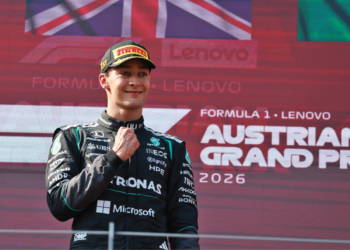 Race winner George Russell (GBR) Mercedes AMG Formula One Team celebrates on the podium. 28.06.2026. Formula 1 World Championship, Rd 8, Austrian Grand Prix, Spielberg, Austria, Race Day.