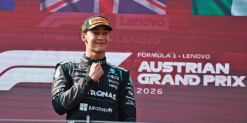 Race winner George Russell (GBR) Mercedes AMG Formula One Team celebrates on the podium. 28.06.2026. Formula 1 World Championship, Rd 8, Austrian Grand Prix, Spielberg, Austria, Race Day.
