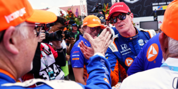 Dixon celebrates his 2025 Mid-Ohio win with his team. Photo: Kevin Dejewski