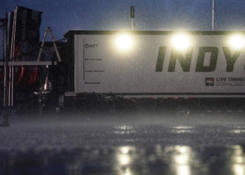 Rain drenched the track as night fell on Sunday. Photo: Kevin Dejewski