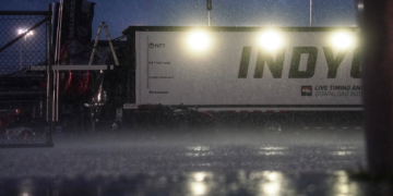 Rain drenched the track as night fell on Sunday. Photo: Kevin Dejewski