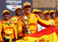 Palou celebrates with a replica World Cup trophy in victory lane. Photo: Kevin Dejewski