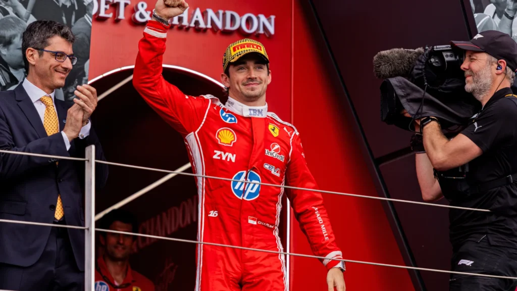 Charles Leclerc benefitted from Kimi Antonelli's late woes to hold the lead and take victory for the first time since USA 2024