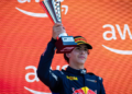 Ernesto Rivera (MEX) Campos Racing celebrates his third position on the podium. 25.07.2026. FIA Formula 3 Championship, Rd 7, Sprint Race, Budapest, Hungary, Saturday.