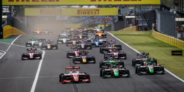 (L to R): Dino Beganovic (SWE) Prema Racing and Nikita Bedrin (ITA) AIX Racing at the start of the race. 20.07.2024. FIA Formula 3 Championship, Rd 8, Sprint Race, Budapest, Hungary, Saturday.