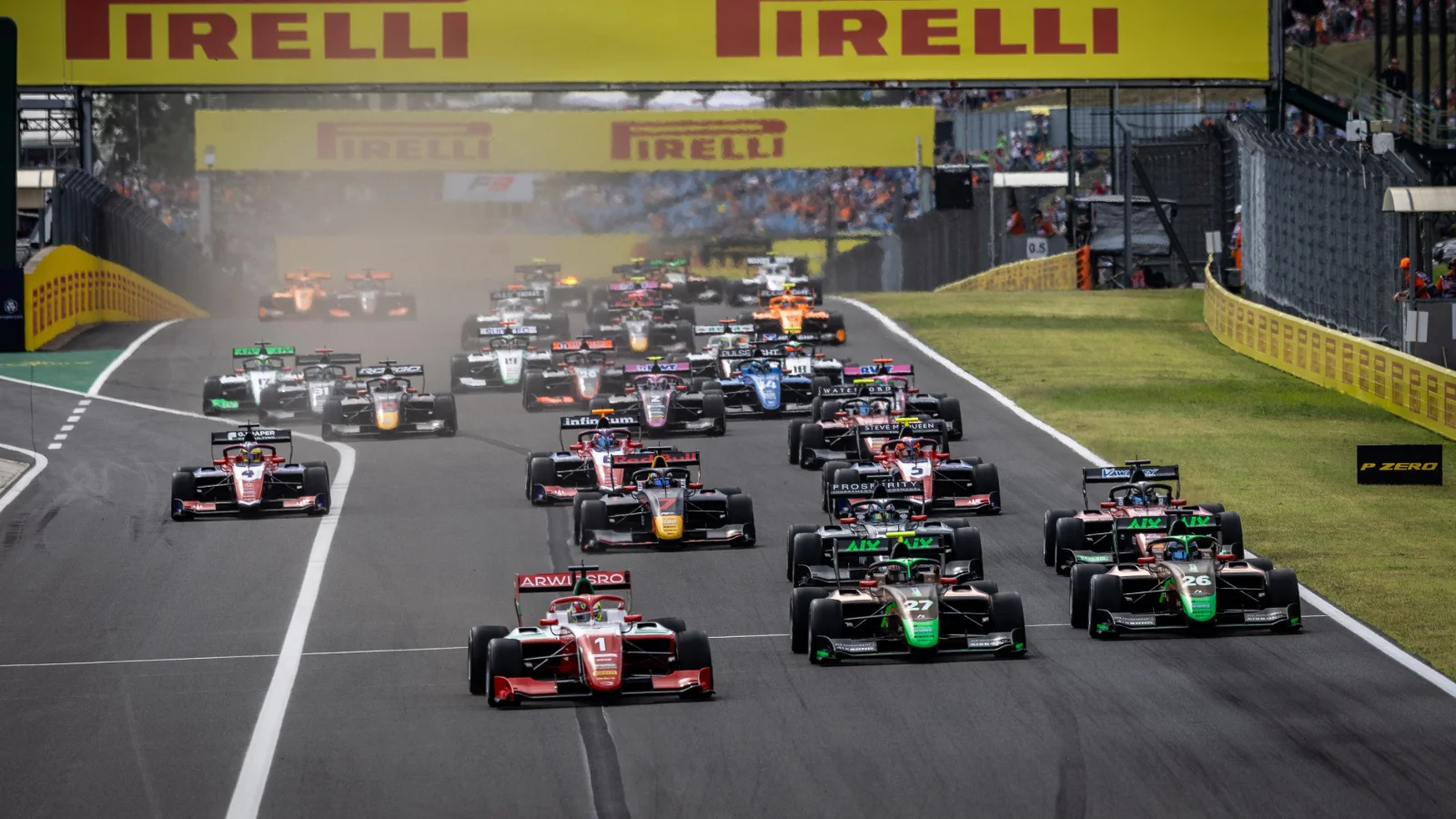 (L to R): Dino Beganovic (SWE) Prema Racing and Nikita Bedrin (ITA) AIX Racing at the start of the race. 20.07.2024. FIA Formula 3 Championship, Rd 8, Sprint Race, Budapest, Hungary, Saturday.