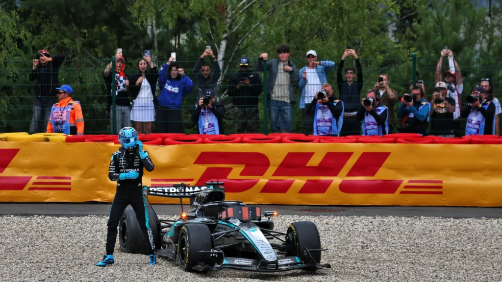 George Russell crashed out of the F1 Belgian GP after contact with Hamilton on Lap 1