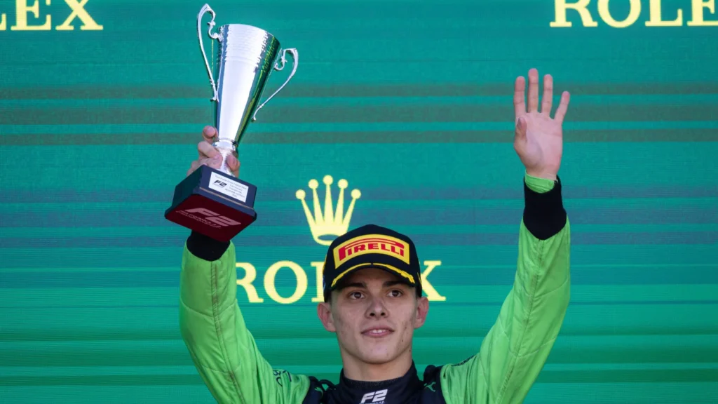 Zane Maloney (BRB) Rodin Motorsport celebrates his third position on the podium. 24.03.2024. FIA Formula 2 Championship, Rd 3, Feature Race, Melbourne, Australia, Sunday. - www.xpbimages.com, EMail: requests@xpbimages.com Copyright: XPB Images