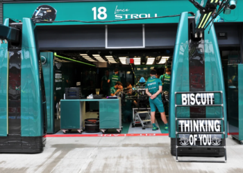 A pit board sending best wishes to Mick 'Biscuit' Fern (GBR) Aston Martin F1 Team Tyre Technician. 23.07.2026. Formula 1 World Championship, Rd 11, Hungarian Grand Prix, Budapest, Hungary, Preparation Day.