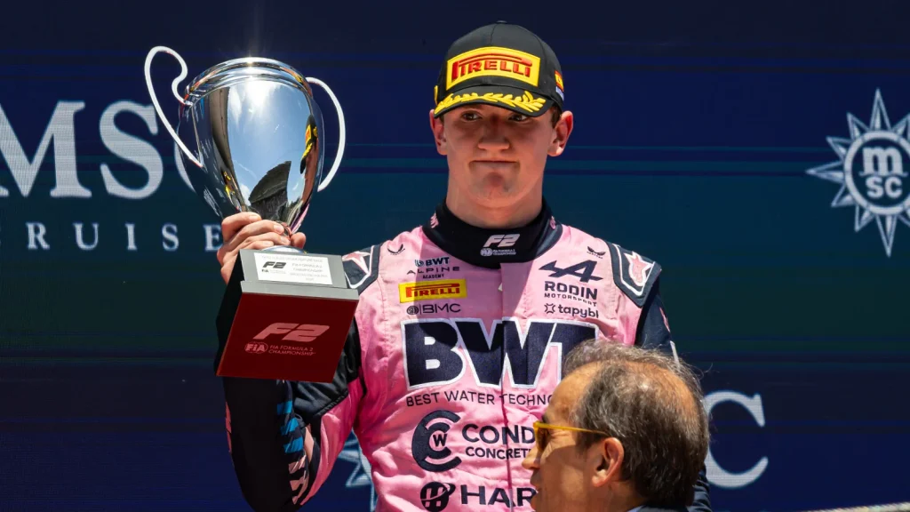 Alexander Dunne (IRE) Rodin Motorsport celebrates his third position on the podium. 14.06.2026. FIA Formula 2 Championship, Rd 5, Feature Race, Barcelona, Spain, Sunday.