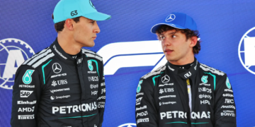 (L to R): Pole sitter George Russell (GBR) Mercedes AMG Formula One Team in qualifying parc ferme with third placed team mate Andrea Kimi Antonelli (ITA) Mercedes AMG Formula One Team. 13.06.2026. Formula 1 World Championship, Rd 7, Barcelona-Catalunya Grand Prix, Barcelona, Spain, Qualifying Day.