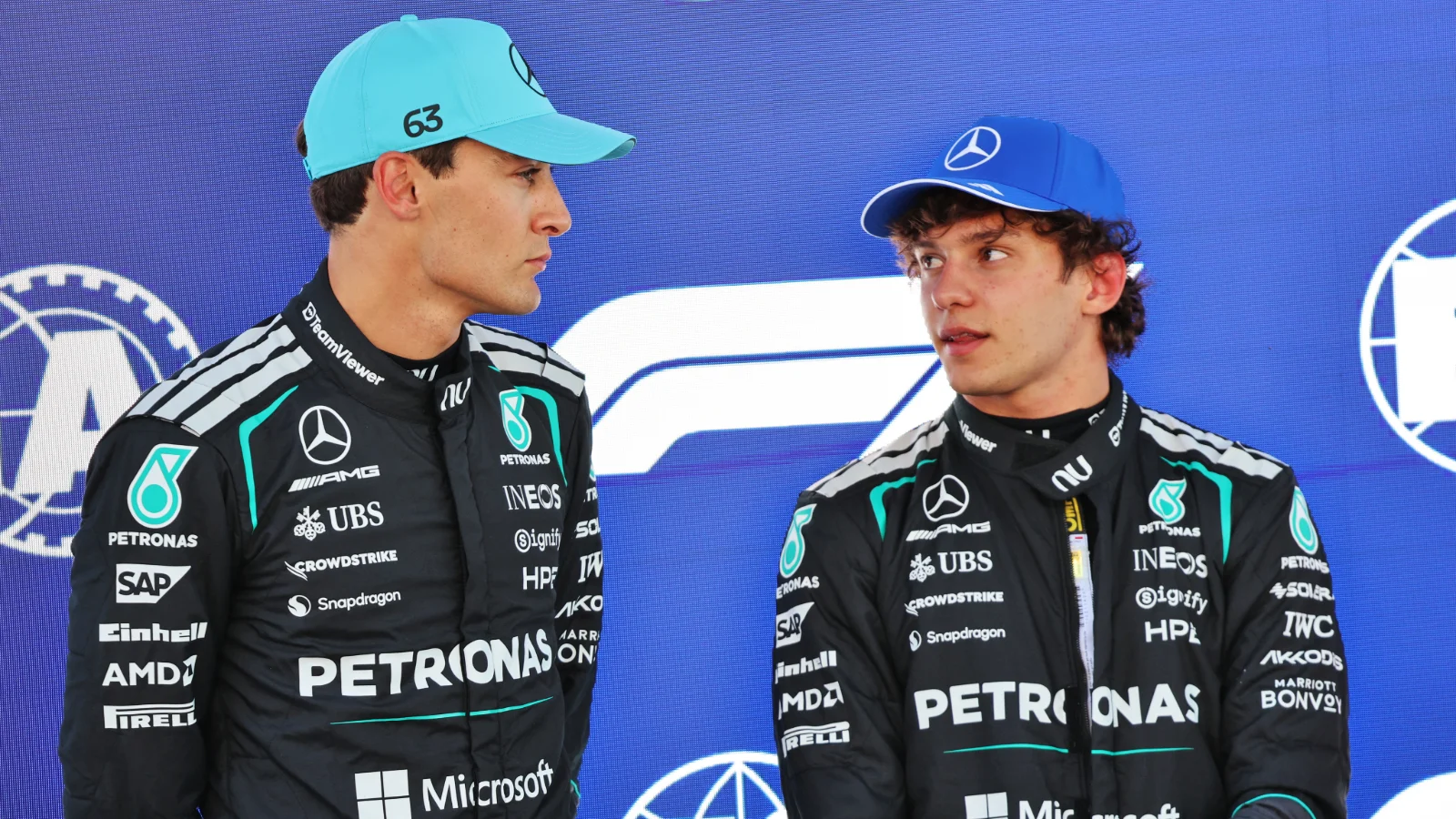 (L to R): Pole sitter George Russell (GBR) Mercedes AMG Formula One Team in qualifying parc ferme with third placed team mate Andrea Kimi Antonelli (ITA) Mercedes AMG Formula One Team. 13.06.2026. Formula 1 World Championship, Rd 7, Barcelona-Catalunya Grand Prix, Barcelona, Spain, Qualifying Day.