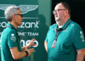 (L to R): Mike Krack (LUX) Aston Martin F1 Team, Team Principal with Tom McCullough (GBR) Aston Martin F1 Team Performance Director. 23.11.2023. Formula 1 World Championship, Rd 23, Abu Dhabi Grand Prix, Yas Marina Circuit, Abu Dhabi, Preparation Day.