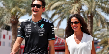(L to R): George Russell (GBR) Mercedes AMG F1 with his girlfriend Carmen Montero Mundt. 12.04.2025. Formula 1 World Championship, Rd 4, Bahrain Grand Prix, Sakhir, Bahrain, Qualifying Day.