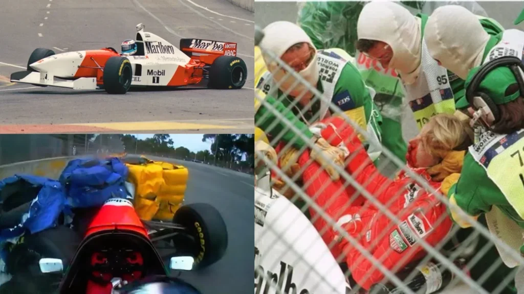 Mika Hakkinen's McLaren was sent spinning into the barriers after a puncture. He was pulled free from the wreck but required emergency treatment trackside