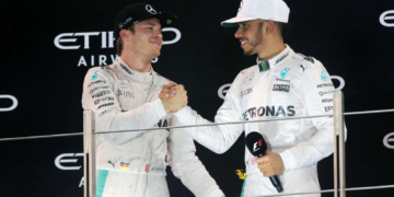 The podium (L to R): second placed Nico Rosberg (GER) Mercedes AMG F1 celebrates his World Championship with race winner and team mate Lewis Hamilton (GBR) Mercedes AMG F1. 27.11.2016. Formula 1 World Championship, Rd 21, Abu Dhabi Grand Prix, Yas Marina Circuit, Abu Dhabi, Race Day.
