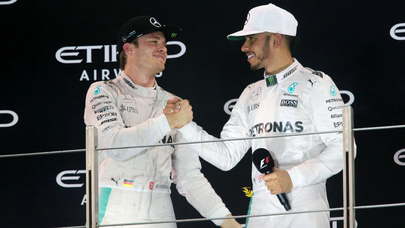 The podium (L to R): second placed Nico Rosberg (GER) Mercedes AMG F1 celebrates his World Championship with race winner and team mate Lewis Hamilton (GBR) Mercedes AMG F1. 27.11.2016. Formula 1 World Championship, Rd 21, Abu Dhabi Grand Prix, Yas Marina Circuit, Abu Dhabi, Race Day.