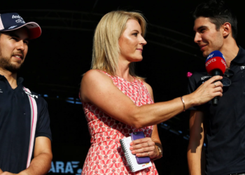 (L to R): Sergio Perez (MEX) Sahara Force India F1 with Rachel Brookes (GBR) Sky Sports F1 Reporter and Esteban Ocon (FRA) Sahara Force India F1 Team on stage at the Sahara Force India F1 Team Fan Zone. 07.07.2018. Formula 1 World Championship, Rd 10, British Grand Prix, Silverstone, England, Qualifying Day