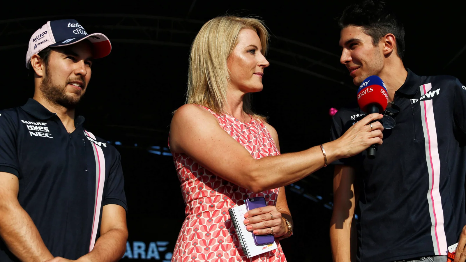 (L to R): Sergio Perez (MEX) Sahara Force India F1 with Rachel Brookes (GBR) Sky Sports F1 Reporter and Esteban Ocon (FRA) Sahara Force India F1 Team on stage at the Sahara Force India F1 Team Fan Zone. 07.07.2018. Formula 1 World Championship, Rd 10, British Grand Prix, Silverstone, England, Qualifying Day