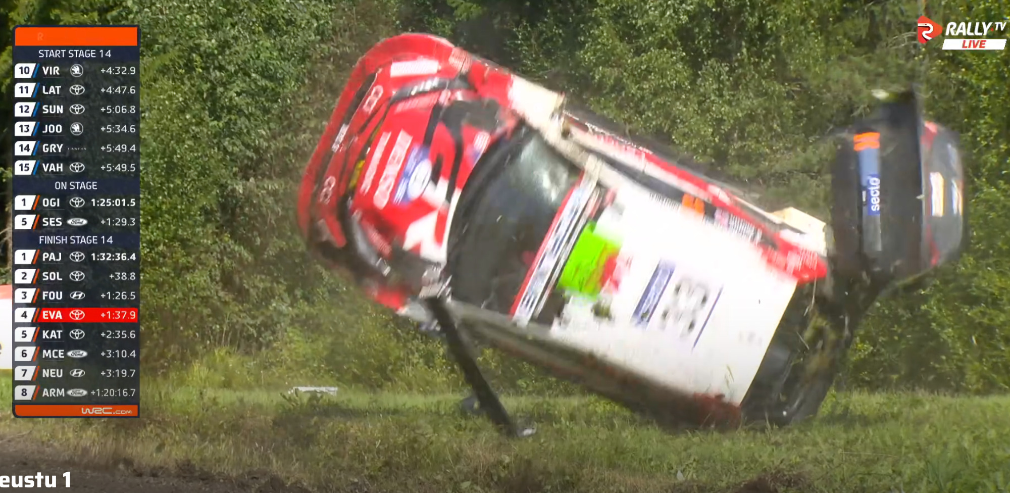 Elfyn Evans rolls in stage 14!