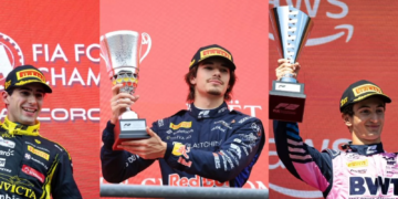 Race winner Gabriele Mini (ITA) MP Motorsport celebrates on the podium. 25.07.2026. FIA Formula 2 Championship, Rd 9, Budapest, Hungary, Sprint Race, Saturday.