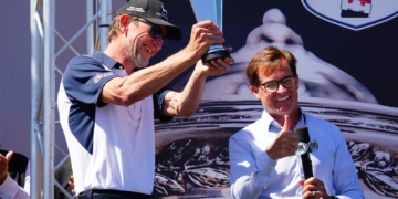 Salters accepts Honda's 2026 manufacturer trophy at Laguna Seca. Photo: Kevin Dejewski