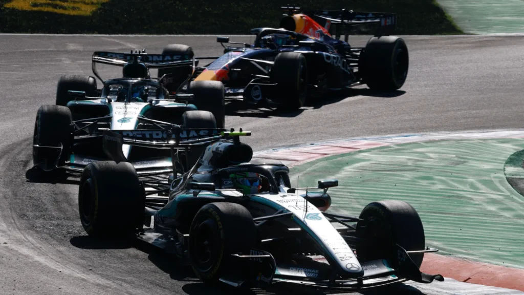 The opening phase of the race the trio of Antonelli, Russell and Verstappen merely separated by seconds