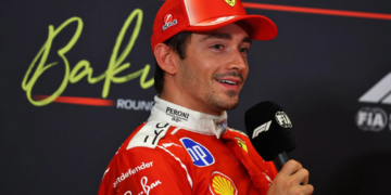 Charles Leclerc (MON) Scuderia Ferrari in the post qualifying FIA Press Conference. 25.09.2026. Formula One World Championship, Rd 15, Azerbaijan Grand Prix, Baku, Azerbaijan, Qualifying Day.