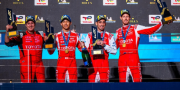 08 BUEMI Sébastien (swi), HARTLEY Brendon (nzl), HIRAKAWA Ryo (jpn), Toyota Racing, Toyota TR010 Hybrid #08, Hypercar, action, podium, during the 6 Hours of Fuji 2026, 6th round of the 2026 FIA World Endurance Championship, from September 25 to 27, 2026 on the Fuji Speedway in Oyama, Shizuoka, Japan - Photo Andrea Lorenzina / DPPI