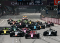 Alexander Dunne (IRE) Rodin Motorsport leads at the start of the race. 25.09.2026. FIA Formula 2 Championship, Rd 12, Baku, Azerbaijan, Feature Race 1.