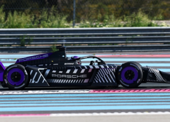 The Porsche Formula E Team GEN4 Formula E car on track during the Formula E GEN4 Launch at Circuit Paul Ricard on April 21, 2026 in Le Castellet, France.