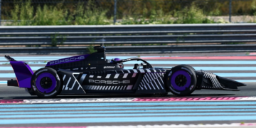 The Porsche Formula E Team GEN4 Formula E car on track during the Formula E GEN4 Launch at Circuit Paul Ricard on April 21, 2026 in Le Castellet, France.