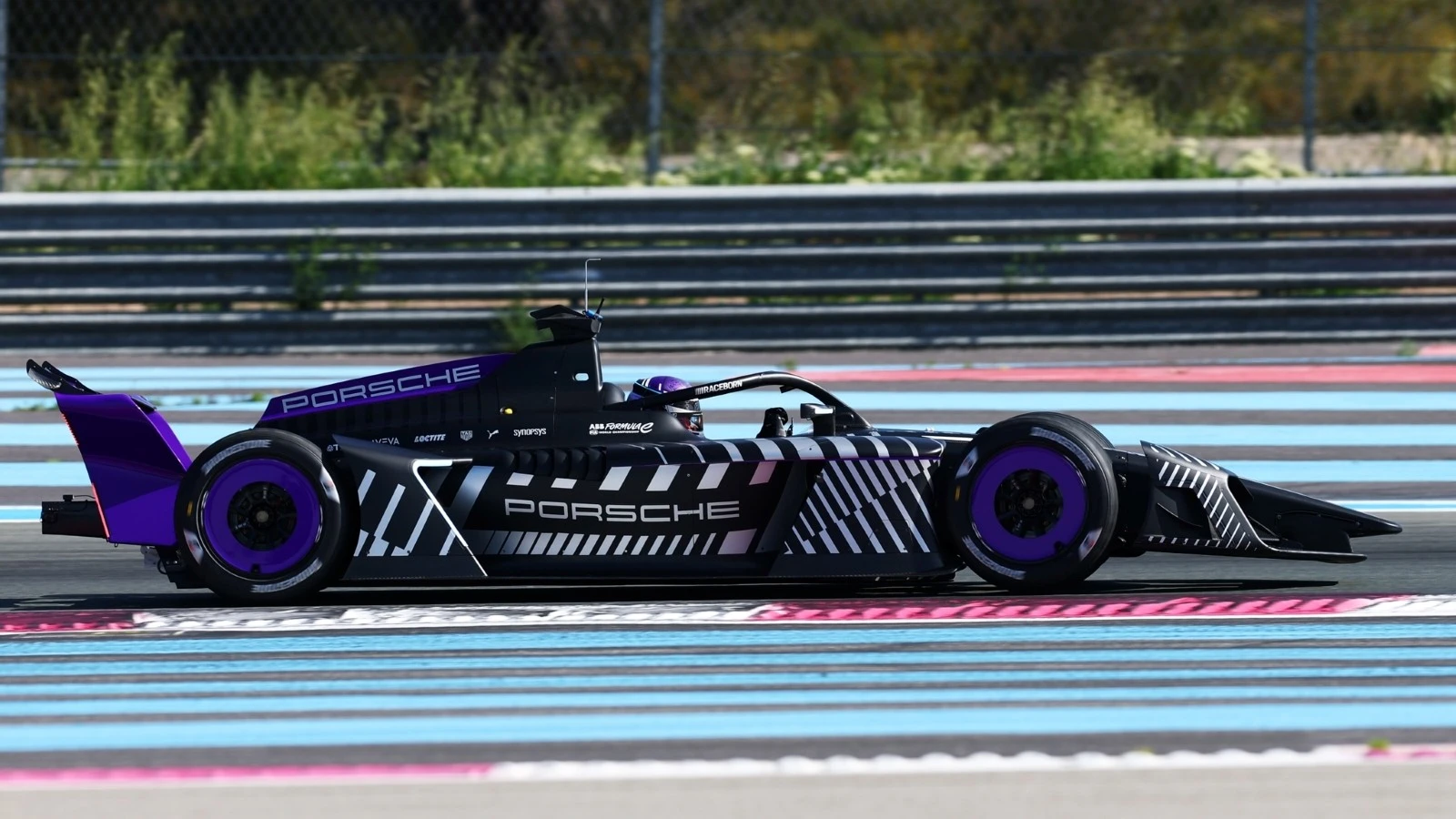 The Porsche Formula E Team GEN4 Formula E car on track during the Formula E GEN4 Launch at Circuit Paul Ricard on April 21, 2026 in Le Castellet, France.