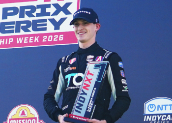 Pierson celebrated his first IndyNXT win at Laguna Seca. Photo: Kevin Dejewski