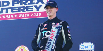 Pierson celebrated his first IndyNXT win at Laguna Seca. Photo: Kevin Dejewski
