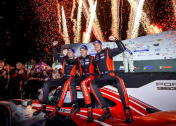 Matt Campbell (AUS), Laurens Vanthoor (BEL), Kévin Estre (FRA) (l-r), Porsche Penske Motorsport (#6), IMSA WeatherTech SportsCar Championship, Race 11, Braselton, USA, 2026, Porsche AG